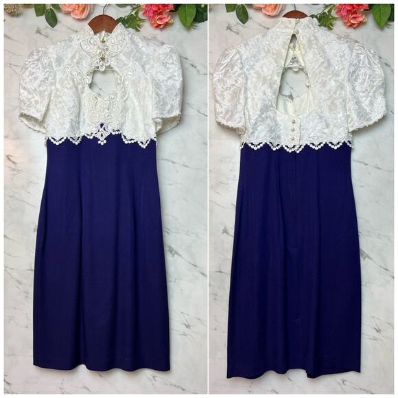 Scott McClintock Vintage Lace Beaded Dress Royal Blue White 4 Small - Picture 16 of 16